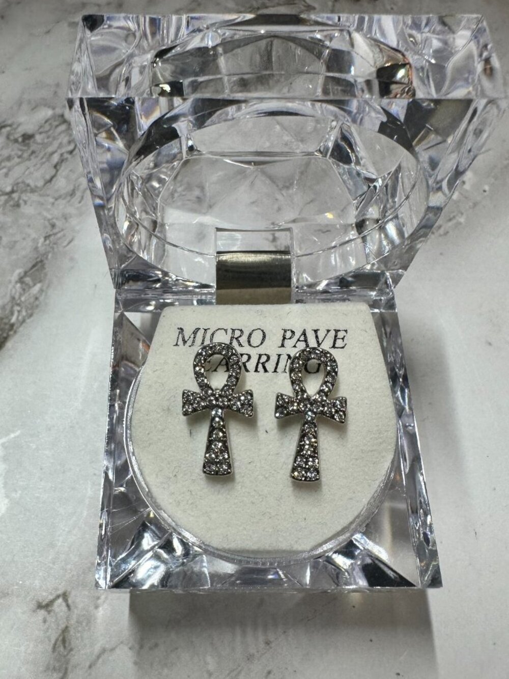 Ankh Stud Earrings Silver Tone CZ Micro Pave Mens Womens Pierced 1 Inch